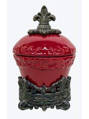 Drake Design Tuscan Scroll Fleur De Lis Red Burgundy Small Covered Canister 3534